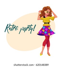 Retro disco party invitation, poster template with woman in 1980s style clothes, sweater, skirt and leggings, cartoon vector illustration. 80s style disco party invitation banner, poster template