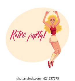Retro disco party invitation, poster template with blond girl in 1980s style outfit, cartoon vector illustration. 80s style retro disco party invitation banner, poster layout with aerobics girl