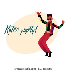 Retro disco party invitation, poster template, layout with black, African dancing man in 1980s style clothes, cartoon vector illustration. 80s style disco party invitation banner, poster template