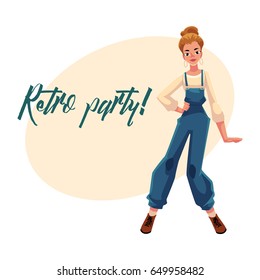 Retro disco party invitation, poster template, layout with woman in 1990s style clothes, denim jumpsuit, cartoon vector illustration. Nineties style disco party invitation banner poster template