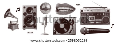 Retro disco party with music equipment collage set with vinyl record player, speaker, boombox, microphone, smiling mouth, mirror ball in grunge halftone effect dotted punk texture. Vector zine style