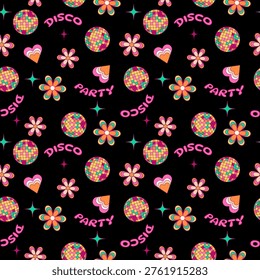 Retro Disco Party Seamless Pattern. Groovy 70s Aesthetic Background with Disco Balls, Hippie Flowers, Hearts and Sparkles. Colorful Vector Illustration for Fabric, Wallpaper and Trendy Stationery.

