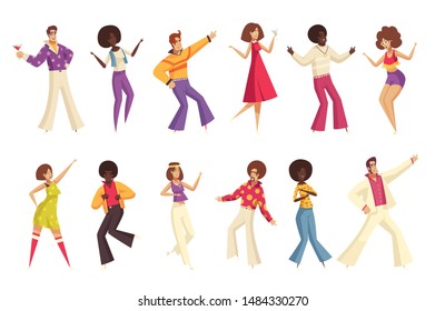 Retro disco party set with dancing and fun symbols flat isolated vector illustration