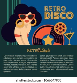 Retro disco party. Vector illustration, poster in retro style. Beautiful girl with sunglasses and a vinyl record.