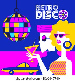 Retro disco party. Vector illustration, poster in retro style. Guy and girl wearing sunglasses at the disco. Girl holding a cocktail. Hanging disco ball.
