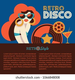 Retro disco party. Vector illustration, poster in retro style. Beautiful girl with sunglasses and a vinyl record.