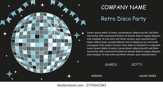 Retro Disco Party vector invitation banner. Vector Disco ball with holiday ribbon and typography. Perfect ads banner for holiday management company. EPS 10