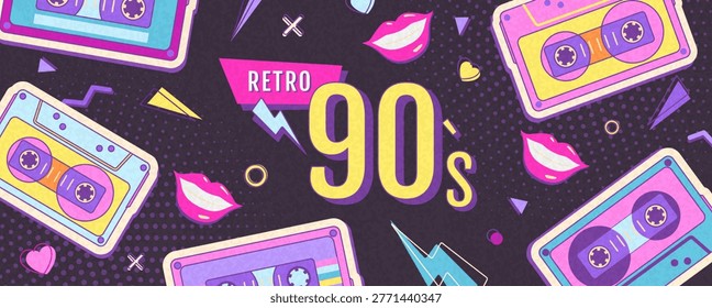 Retro disco poster or banner of 80s-90s with audio cassettes and smiling lips. Memphis style background. Vector illustration