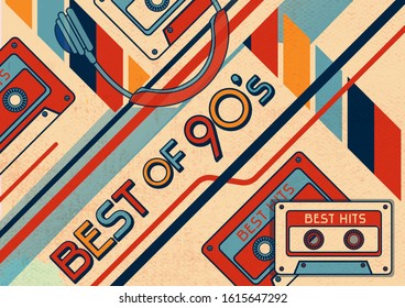 Retro Disco template for party, Festival, Event, Club Flyer, Invitation, Poster, web banner. Best hits of 90's concept. Retro elements cassette and headphones.