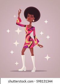 Retro Disco Woman Character Dance. Vector Flat Cartoon Illustration