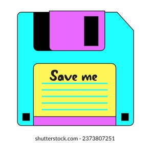 Retro diskette. Floppy disk illustration. Old fashioned storage item. For party flyer, poster, cover design.  Vector cartoon illustration, 90s retro style. isolated icon on White background