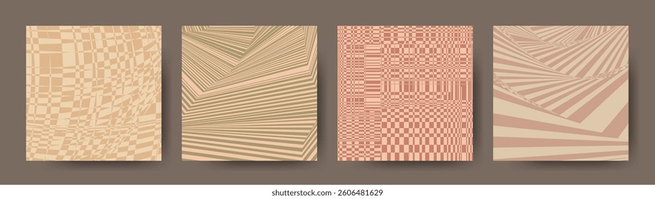 Retro distorted background. Checkered distorted backdrops. Vintage poster set. Distorted checker. Posters templates collection. Fluid liquid wavy lines.