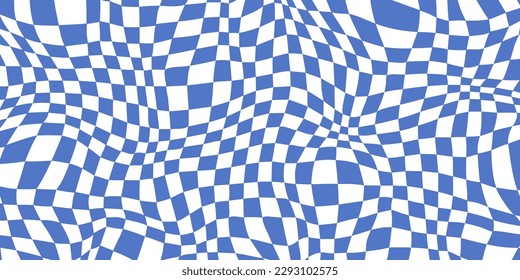 Retro distorted checkerboard background. Blue trippy psychedelic checkered wallpaper. Wavy groovy chessboard surface. Abstract twisted geometric pattern. Vector backdrop
