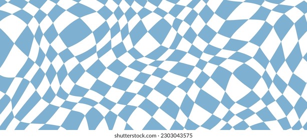 Retro distorted checkerboard background. Blue trippy psychedelic checkered wallpaper. Wavy pool surface. Abstract twisted groovy geometric pattern. Vector backdrop