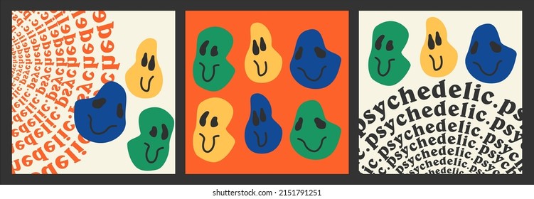 Retro distorted emoticon with a smiling face, lettering print, psychedelic. For graphic t-shirt or poster, cover. Flat design, hand drawn cartoon, vector illustration.