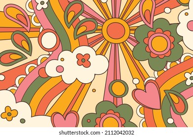 Retro Distorted Groovy Background. Pastel Colors, Vintage Cute Illustration With Sun, Clouds, Flowers, Heart, Leaves. 