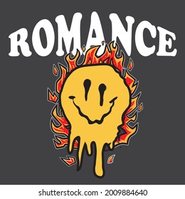 Retro distorted melting burning smile emoji face illustration print with slogan for tee t shirt or sticker - Vector