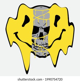 Retro Distorted Melting Smiley Emoji Face - Skull Illustration Print For Tee T Shirt Or Sticker - Vector