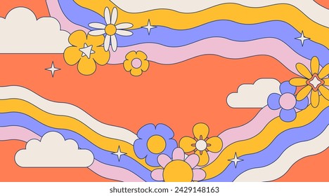 Retro distorted rainbow groovy background. Pastel colors, vintage cute frame with sky, clouds, flowers. Contour vintage vector illustration.