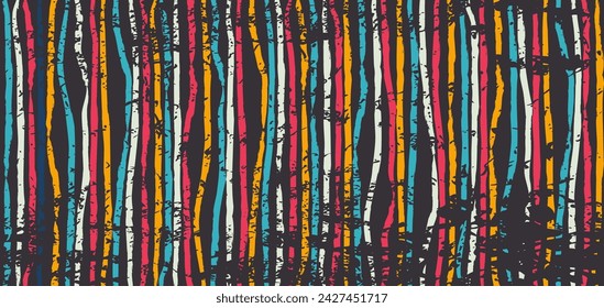 Retro distressed seamless pattern hand drawn colorful paint lines on black. Vector summer rainbow line abstract background. Scratched art striped wrapping paper print. Web page fill folk texture