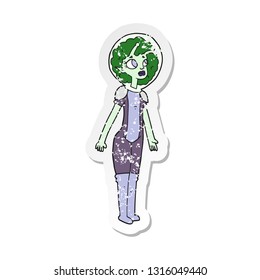 retro distressed sticker of a cartoon alien space girl