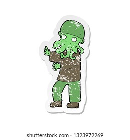 retro distressed sticker of a cartoon alien man