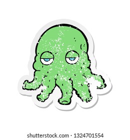 pegatina retro angustiada de una caricatura cara de calamar alienígena