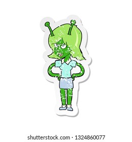pegatina retro angustiada de una mujer alienígena