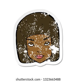 retro distressed sticker of a cartoon annoyed female face