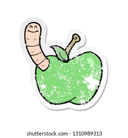 retro distressed sticker of a cartoon apple with worm