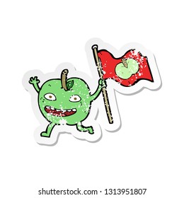 retro distressed sticker of a cartoon apple with flag