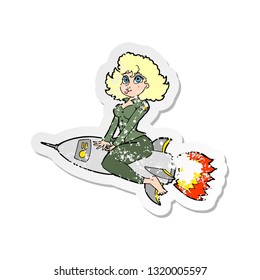 retro distressed sticker of a cartoon army pin up girl riding missile