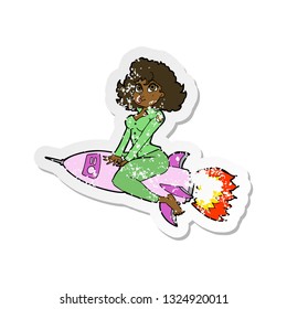 retro distressed sticker of a cartoon army pin up girl riding missile