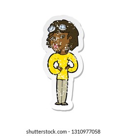 retro distressed sticker of a cartoon aviator woman