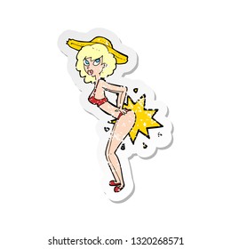 retro distressed sticker of a cartoon bikini pin up woman