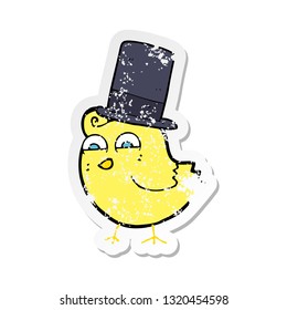 retro distressed sticker of a cartoon bird wearing top hat