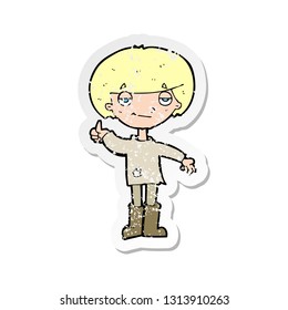 retro distressed sticker of a cartoon boy in poor clothing giving thumbs up symbol