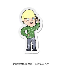 retro distressed sticker of a cartoon boy with idea