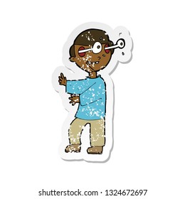pegatina retro angustiada de un niño caricaturista con los ojos salidos