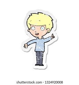 retro distressed sticker of a cartoon boy with idea