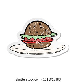 retro distressed sticker of a cartoon burger on plate