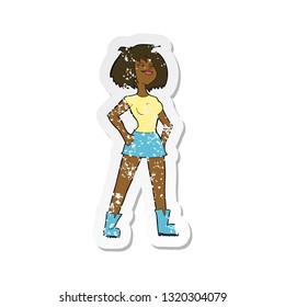pegatina retro angustiada de una mujer capaz de hacer dibujos animados