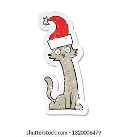 pegatina retro angustiada de un gato de caricatura en sombrero de navidad