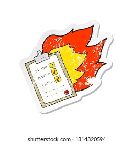 retro distressed sticker of a cartoon checklist burning
