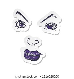 retro distressed sticker of a cartoon comic book face