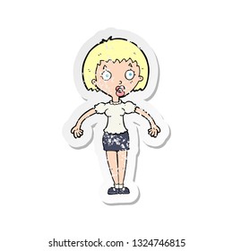 retro distressed sticker of a cartoon confused woman shrugging shoulders