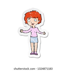 retro distressed sticker of a cartoon confused woman