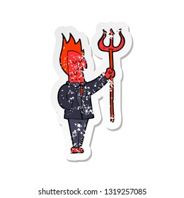 pegatina retro angustiada de un demonio caricaturista con horquilla