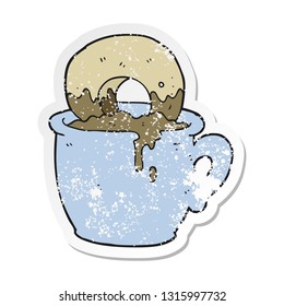 retro distressed sticker of a cartoon donut dunked in coffee
