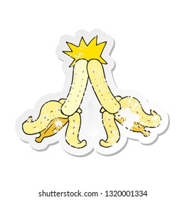 retro distressed sticker of a cartoon embarrassing magic banana touch